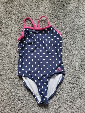 OP Navy Polka Dot One-Piece Swimsuit with Pink Trim Size 6/6X